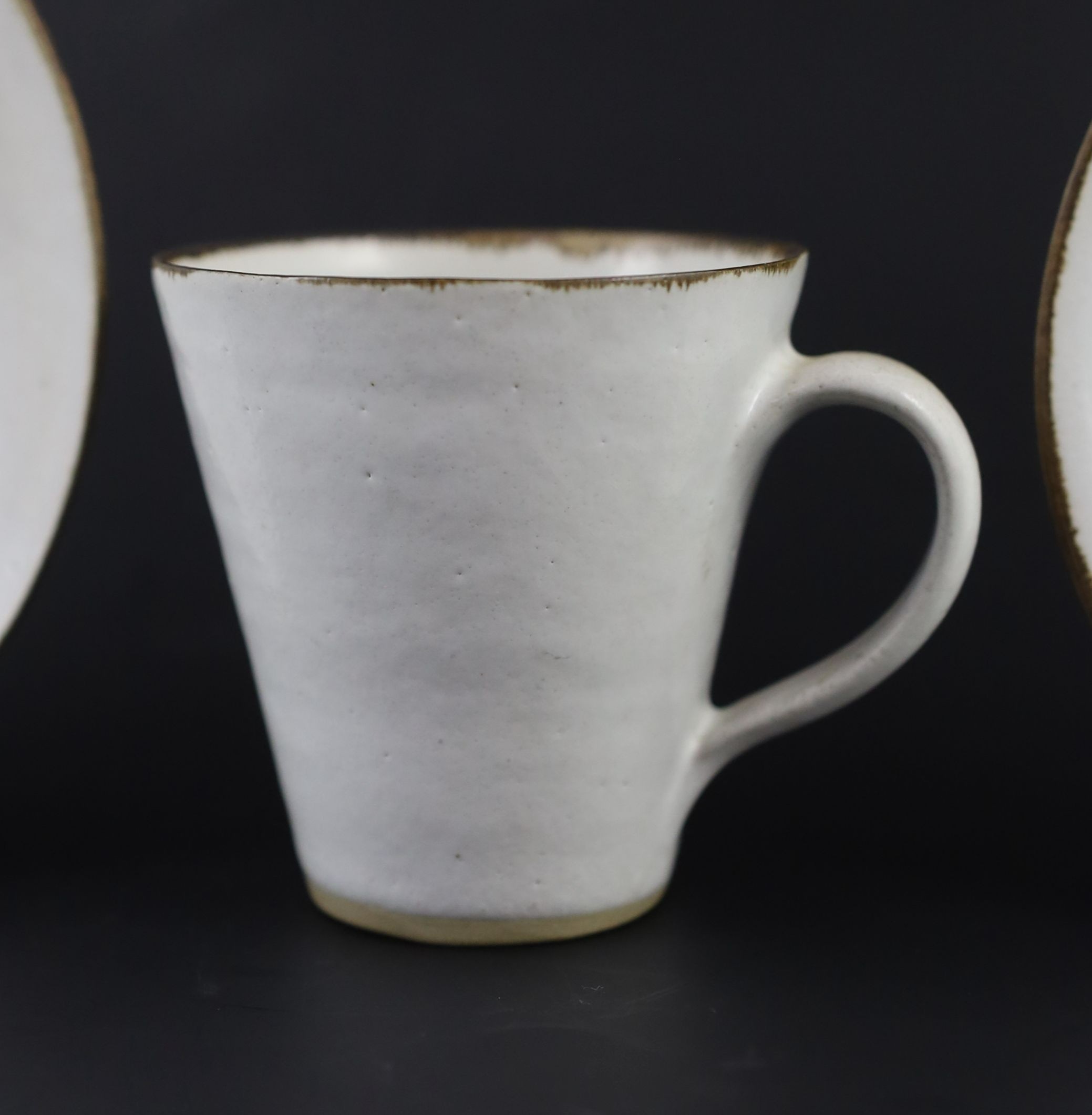 Dame Lucie Rie (1902-1995) a cup, saucer and side plate, c.1959, Cup 8 cm high